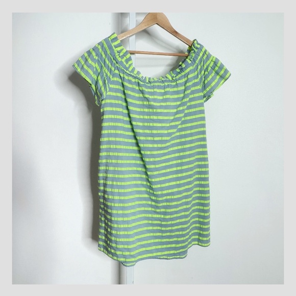 Anthropologie Dress Corey Lynn Calter Dress Off Shoulder Mini Neon Green Stripe - Picture 11 of 15